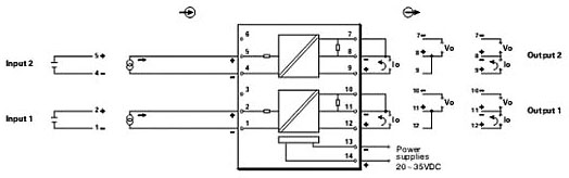 KL-F054系列直流信号输入隔离器(二入二出)接线方式